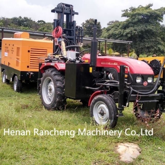 Traktor dipasang, roda empat, rig pengeboran bertenaga tinggi untuk 200/260m, 254mm pengeboran sumur air.